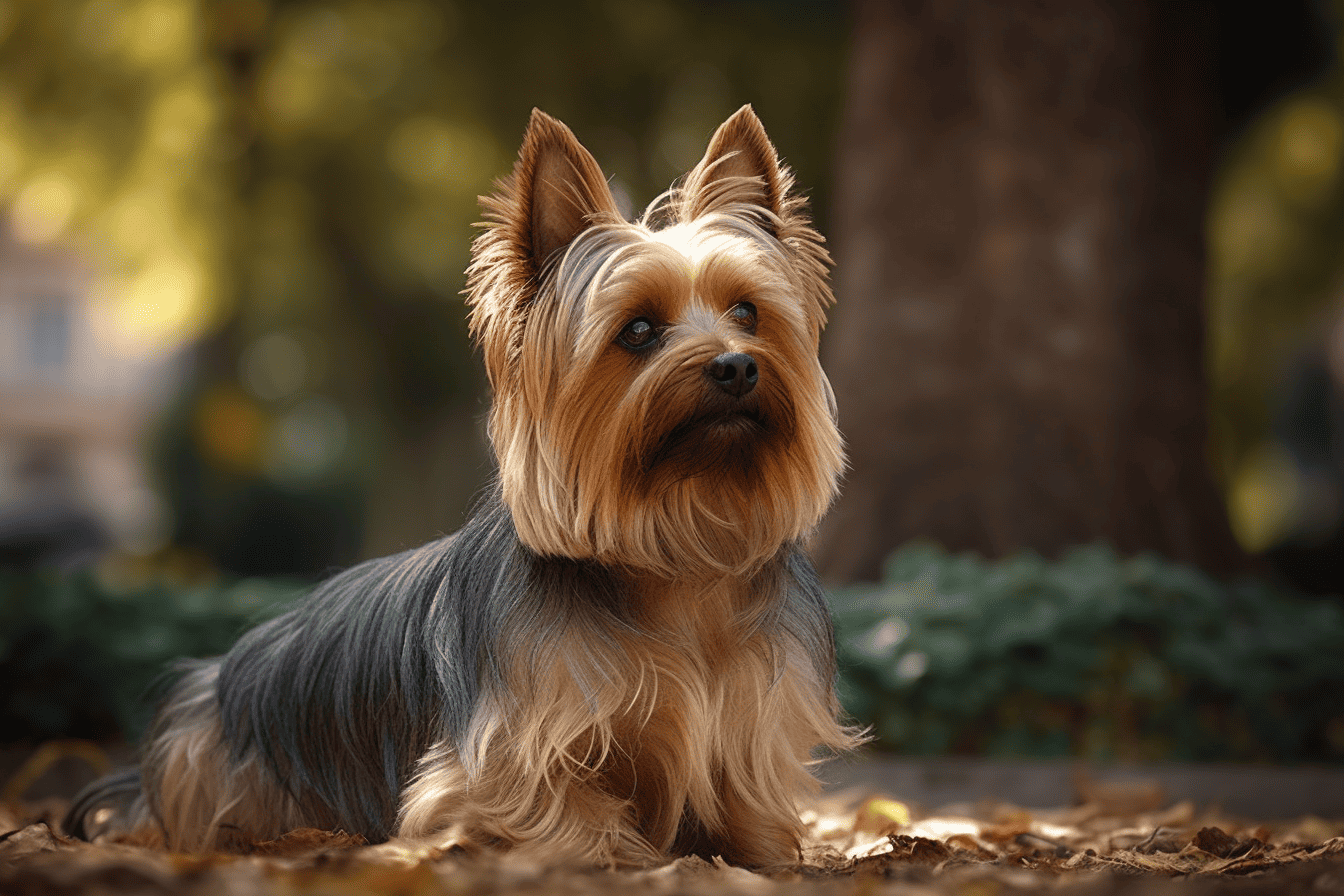 Adorable Yorkshire Terrier sitting outdoors in a natural setting.
