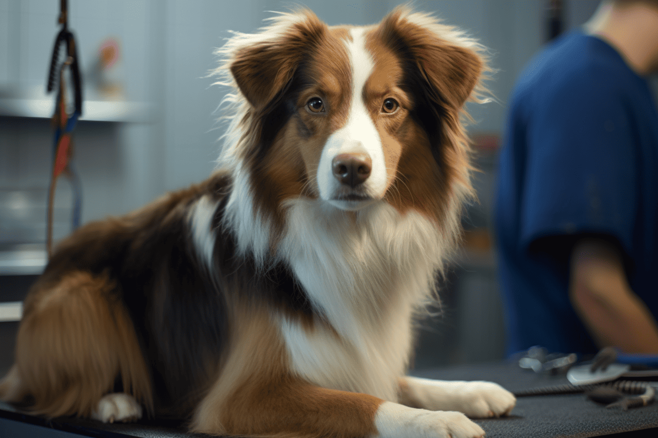 Dog medical exam at vet clinic.