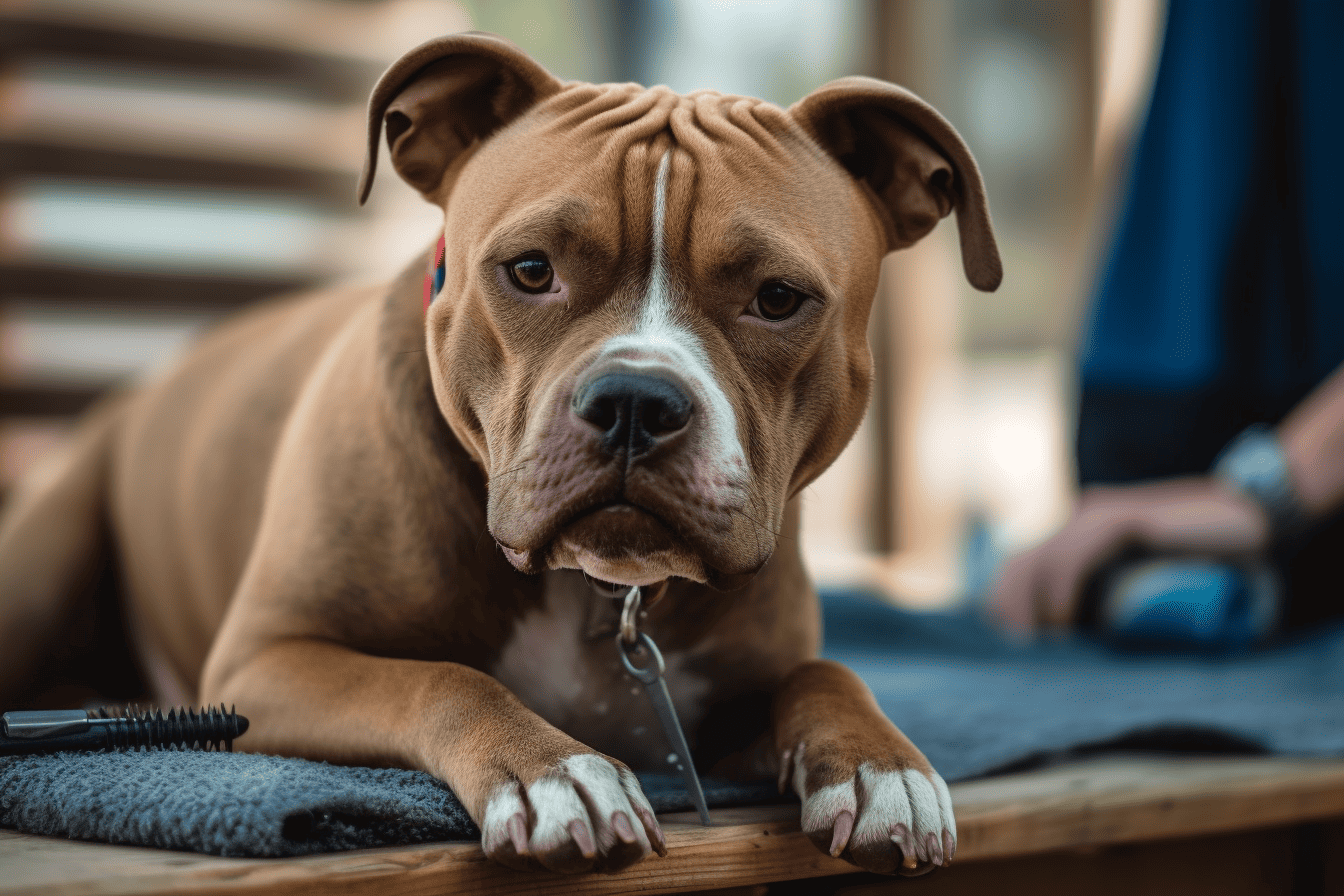 Close-up of a cute and alert pitbull dog resting on a wooden floor, indoors.