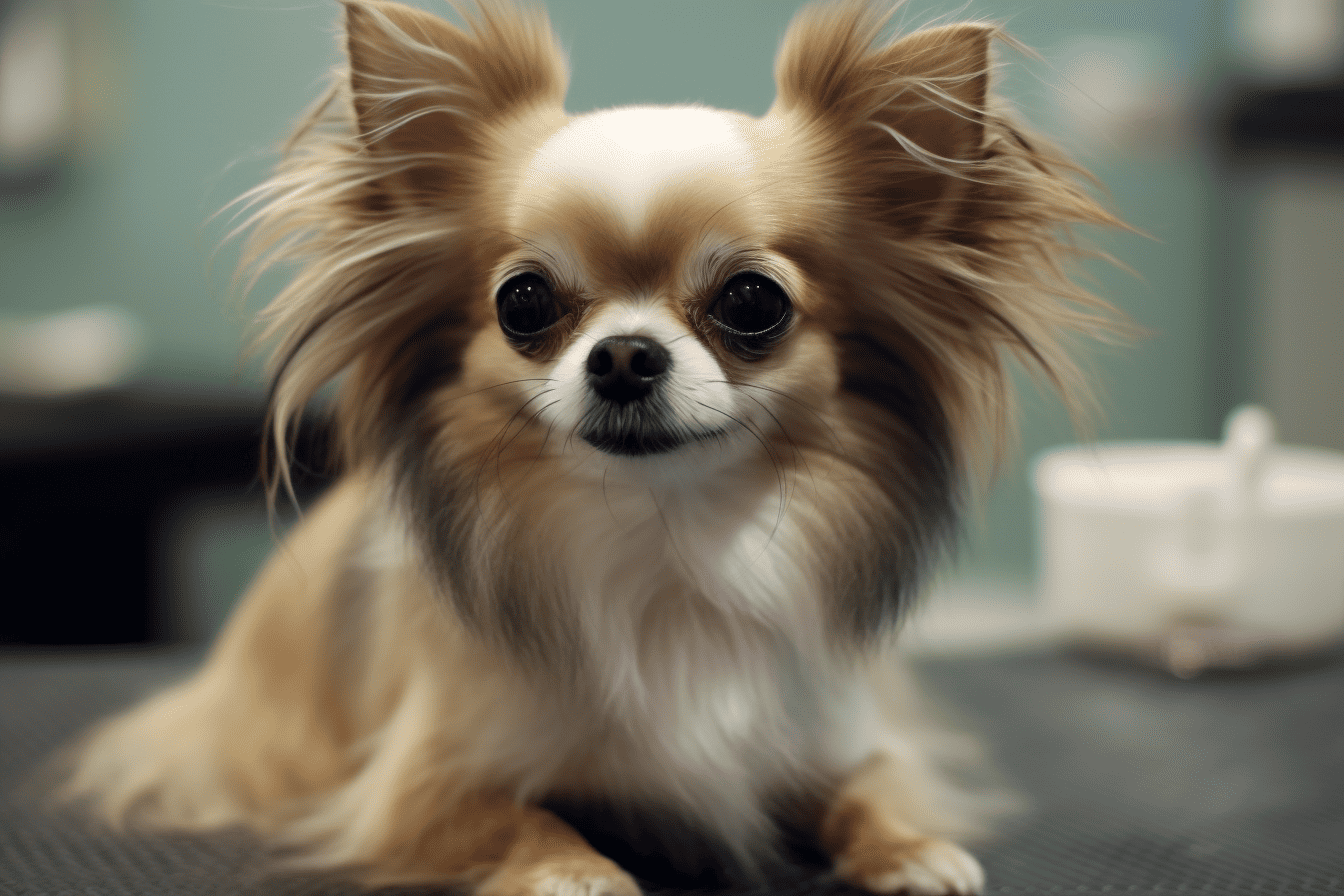 Small and adorable Pomeranian sitting indoor, fluffy coat, big dark eyes, and pointed ears, perfect for pet lovers.