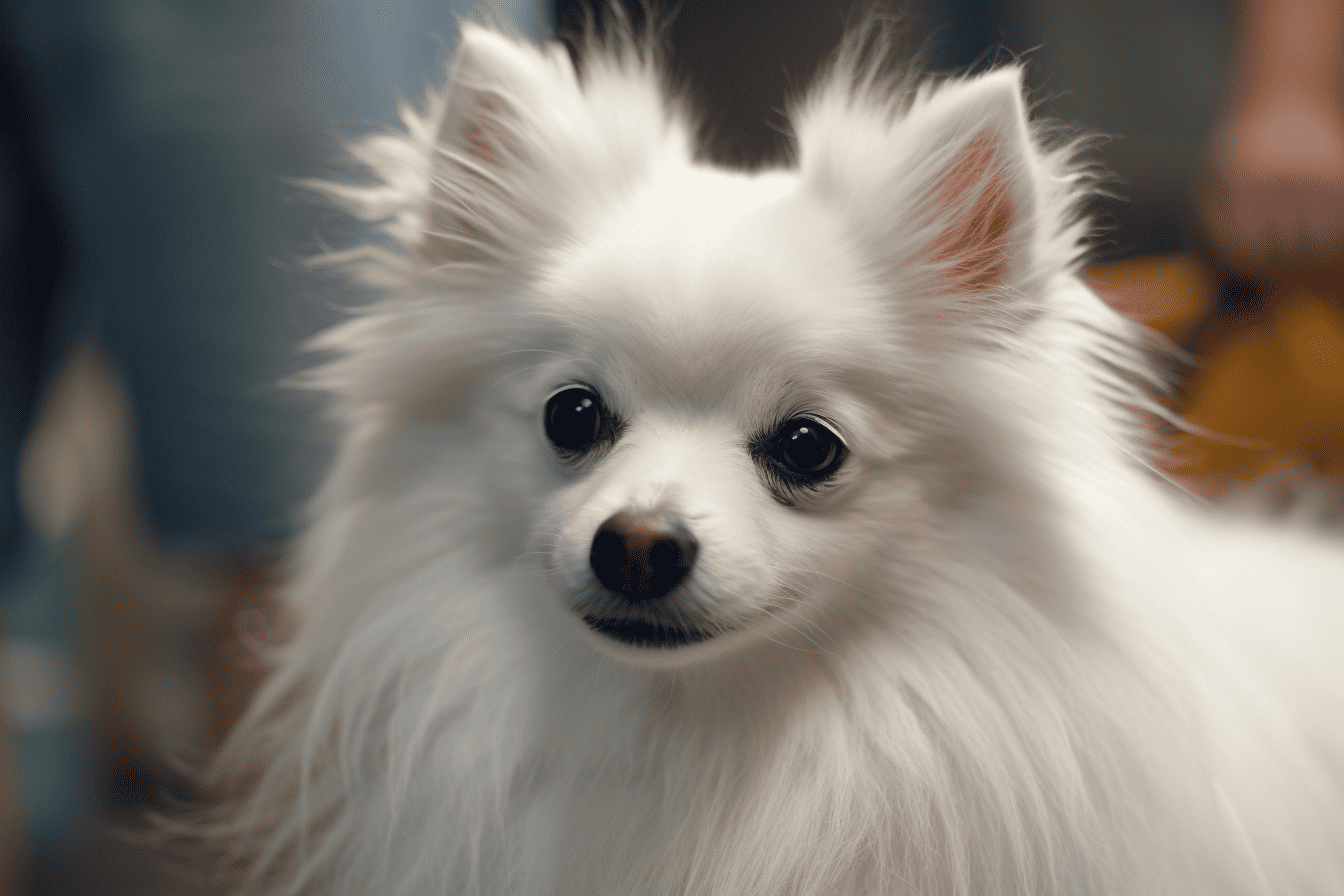 Adorable white Pomeranian dog with fluffy fur, big eyes, and a cute smile.