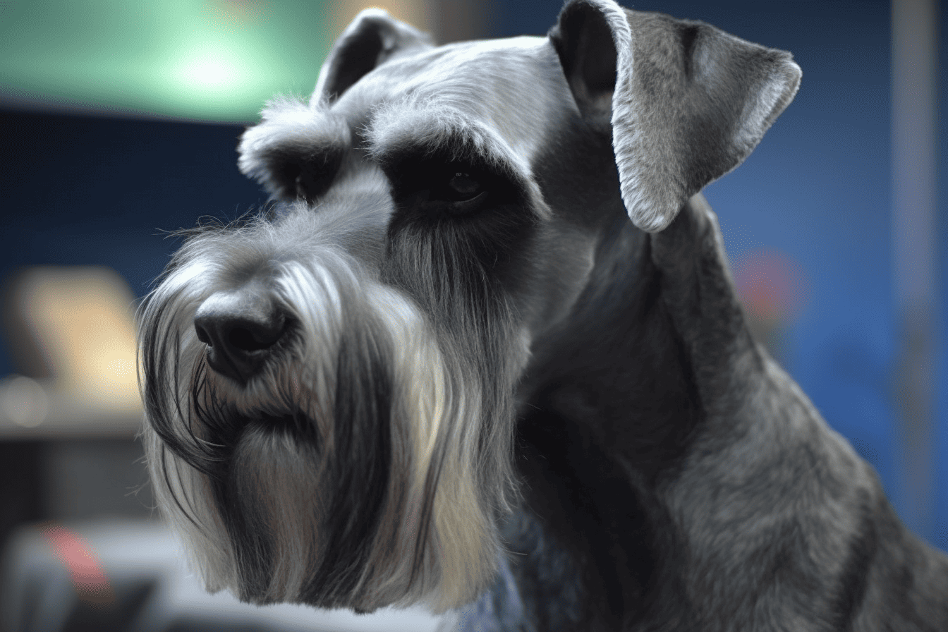 Close-up of a Schnauzer dog with distinctive facial hair and gray coat.
