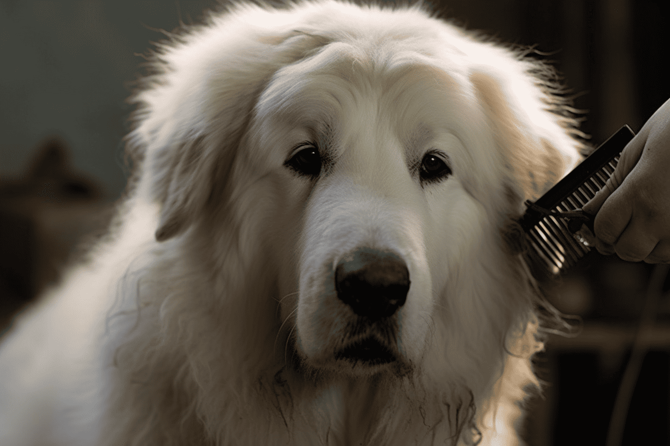 Cute white dog getting groomed with a brush.