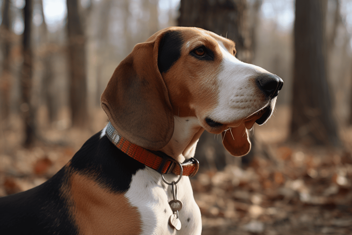 Portrait of a Beagle dog gazing thoughtfully outdoors in a wooded area.