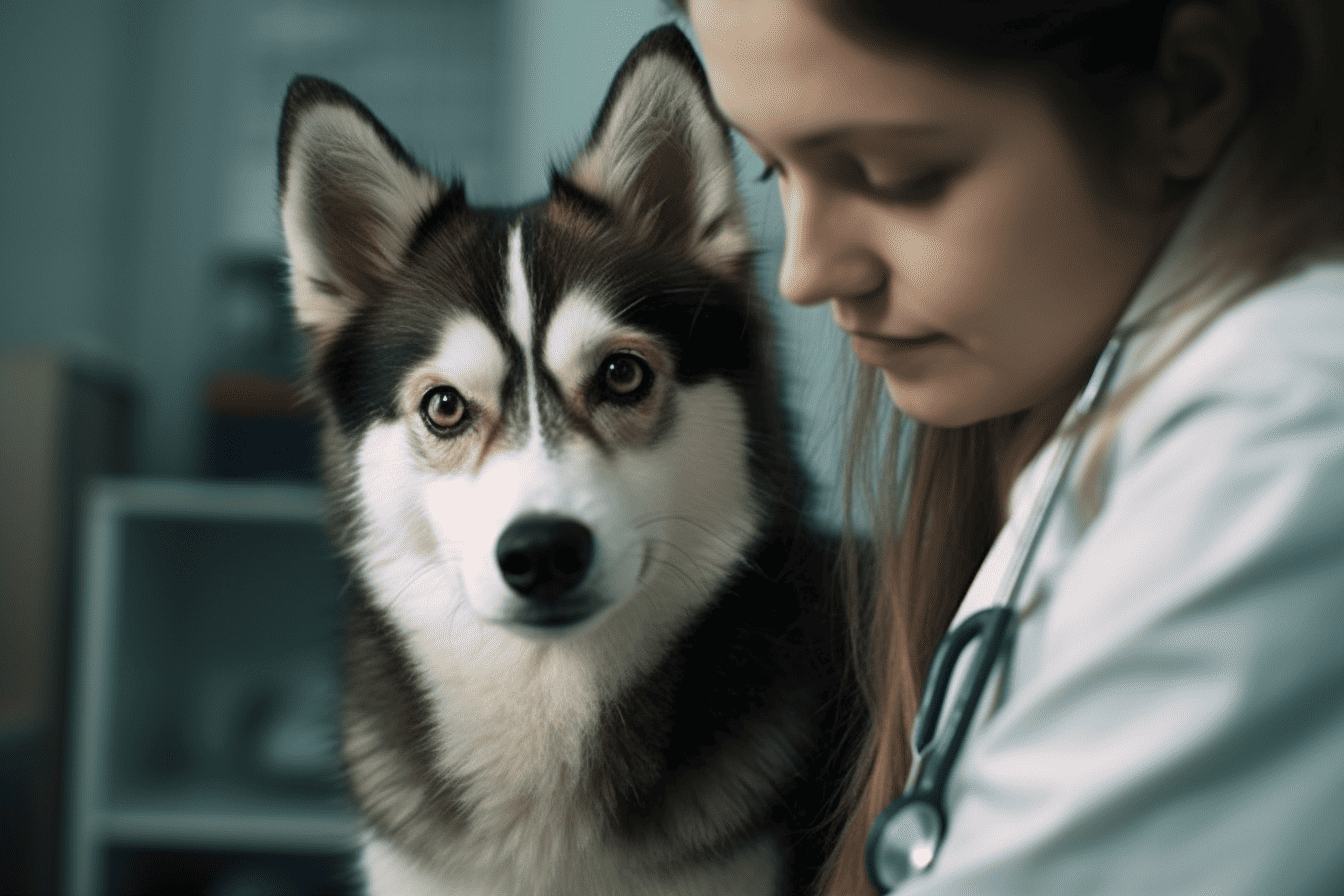 Compassionate veterinarian with Siberian Husky.