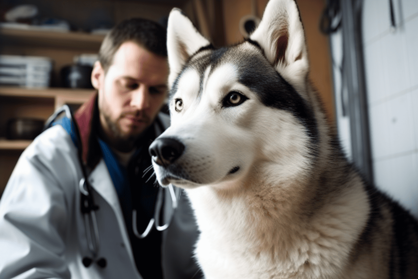 Husky dog getting a checkup from a veterinarian in a clinic setting.