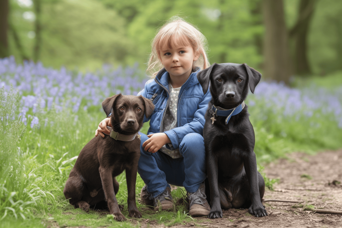 Explore heartwarming moments with a girl and her two loyal dogs during a scenic outdoor park visit. Perfect for pet lovers and animal enthusiasts.