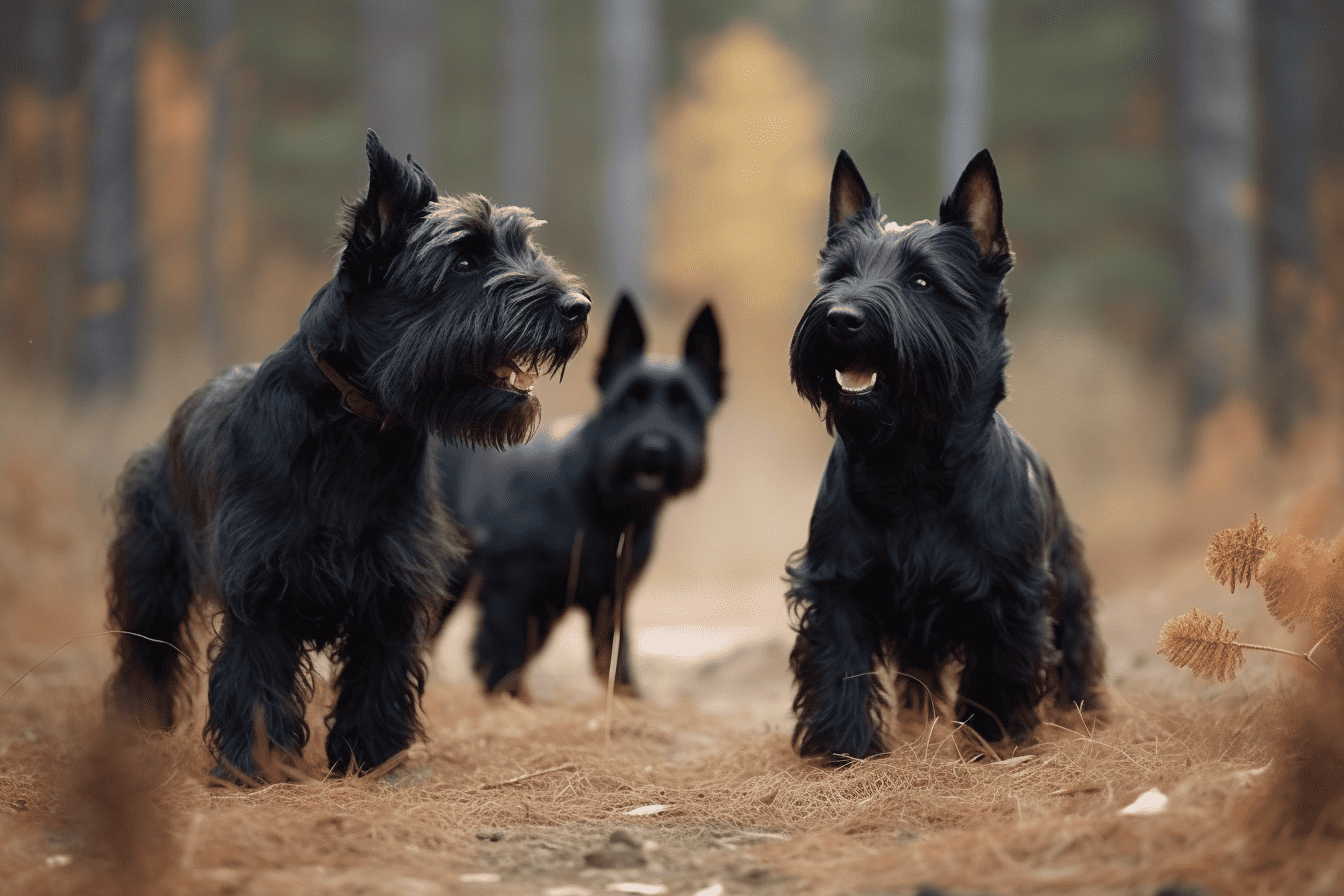 Adorable Scottish Terriers exploring outdoors in autumn. Playful and loyal dogs for active families.