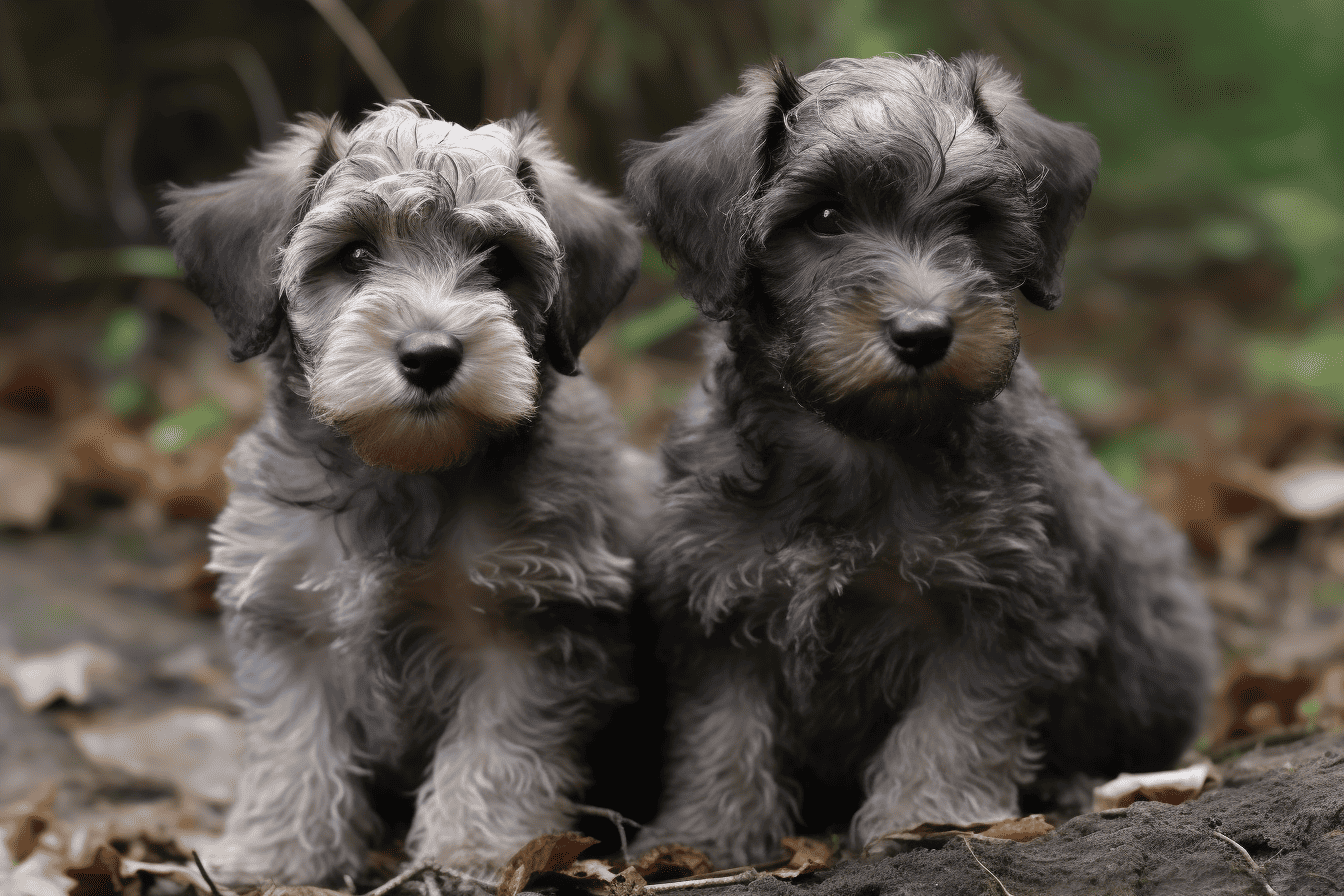 Adorable Dachshund puppies sitting outdoors among leaves and natural background.