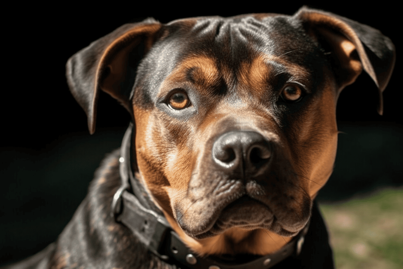 Close-up of a Rottweiler's face with attentive expression, showcasing strong and alert dog breed.