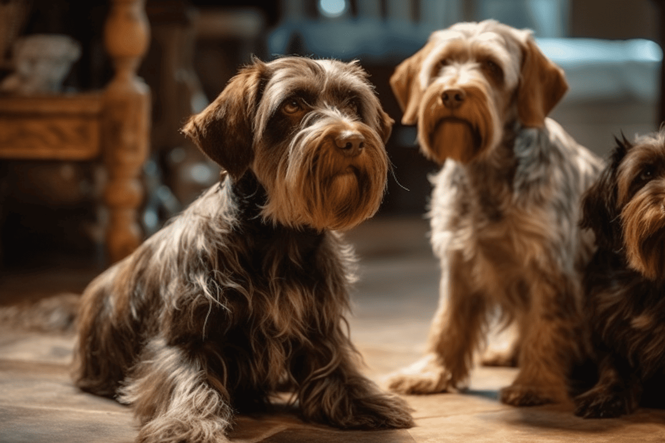 A group of adorable, fluffy dogs sitting indoors, showcasing their thick, wavy coats and loving expressions.