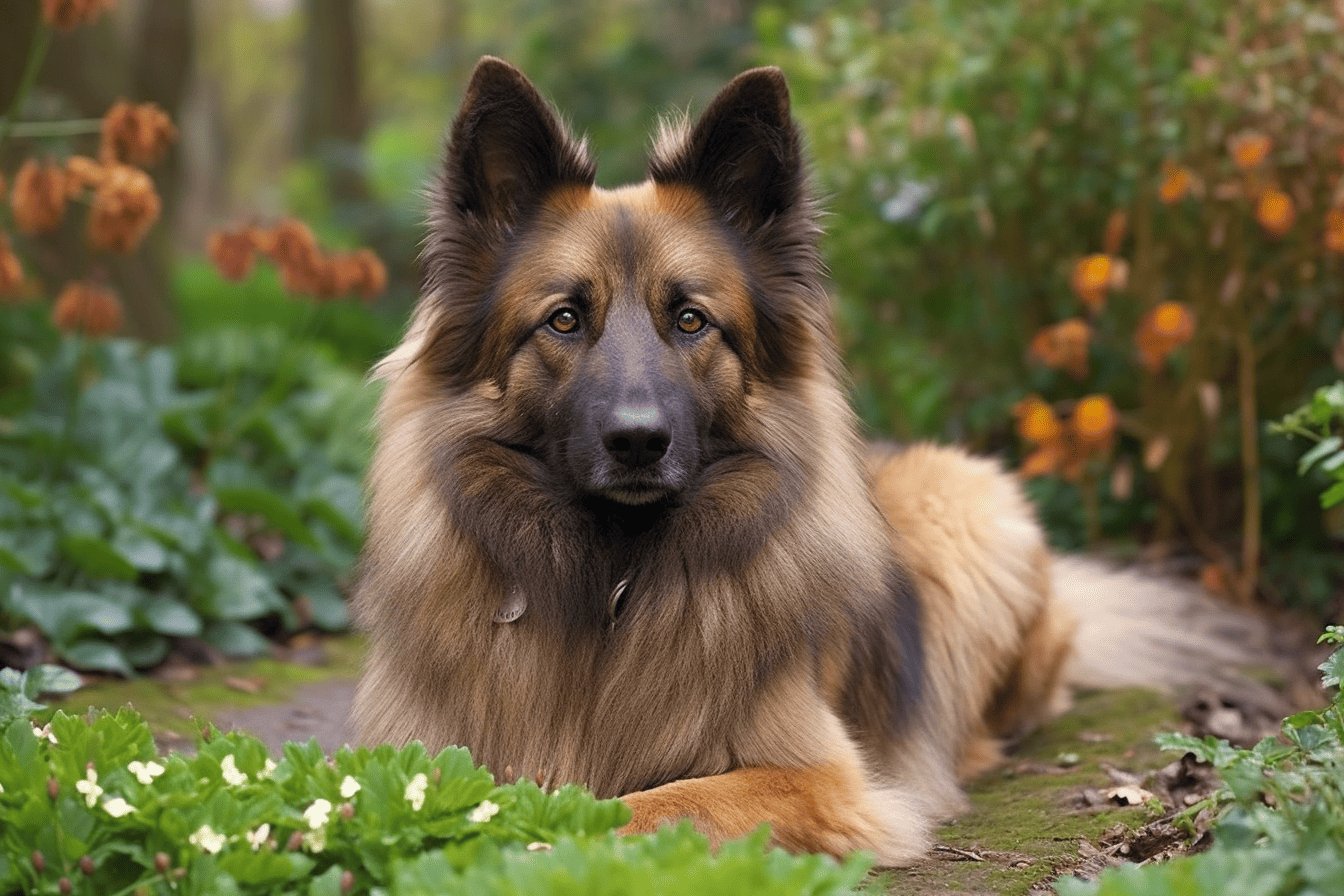 Dog lying outdoors in a garden amidst vibrant greenery.