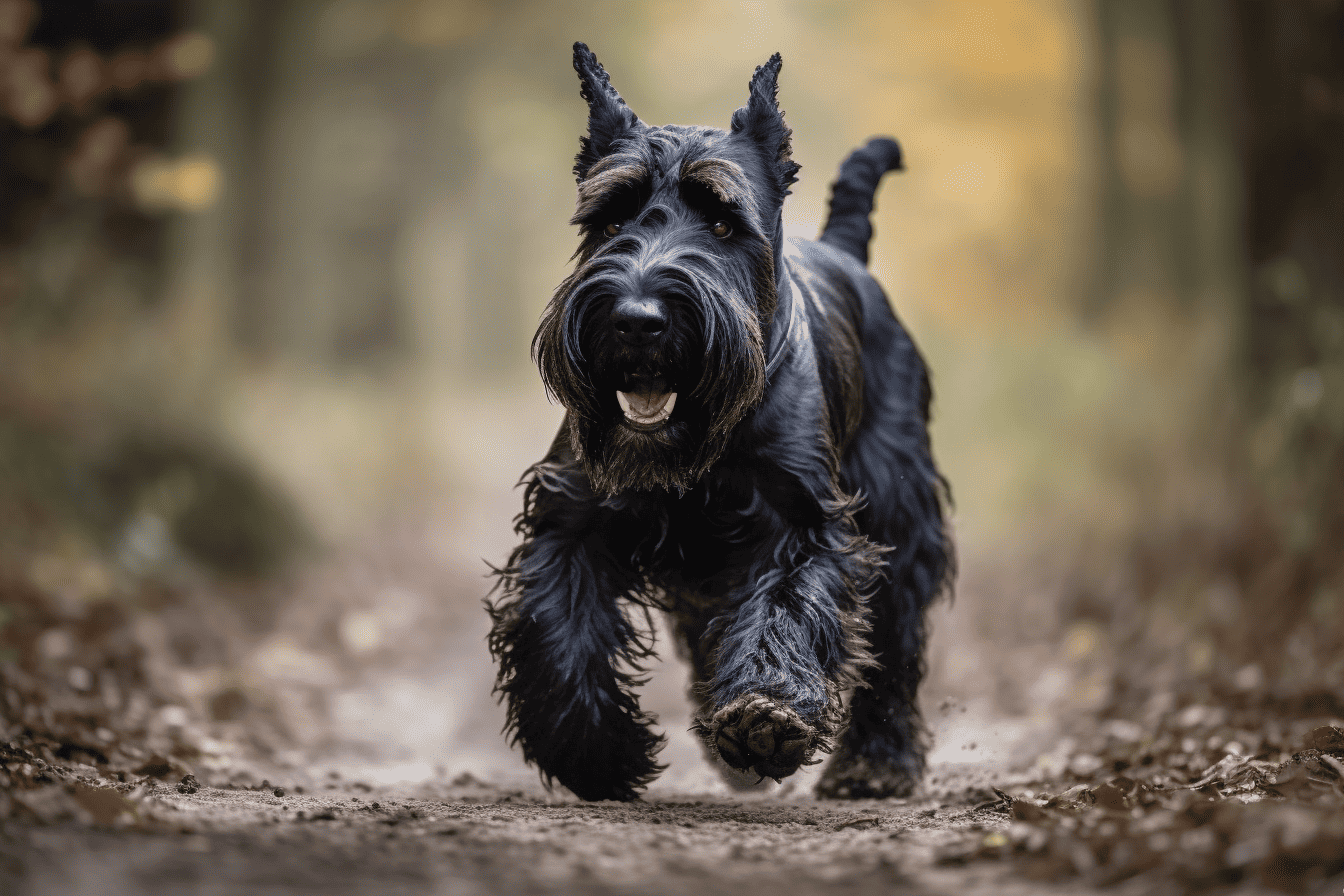 Energetic Schnauzer running through forest trail.