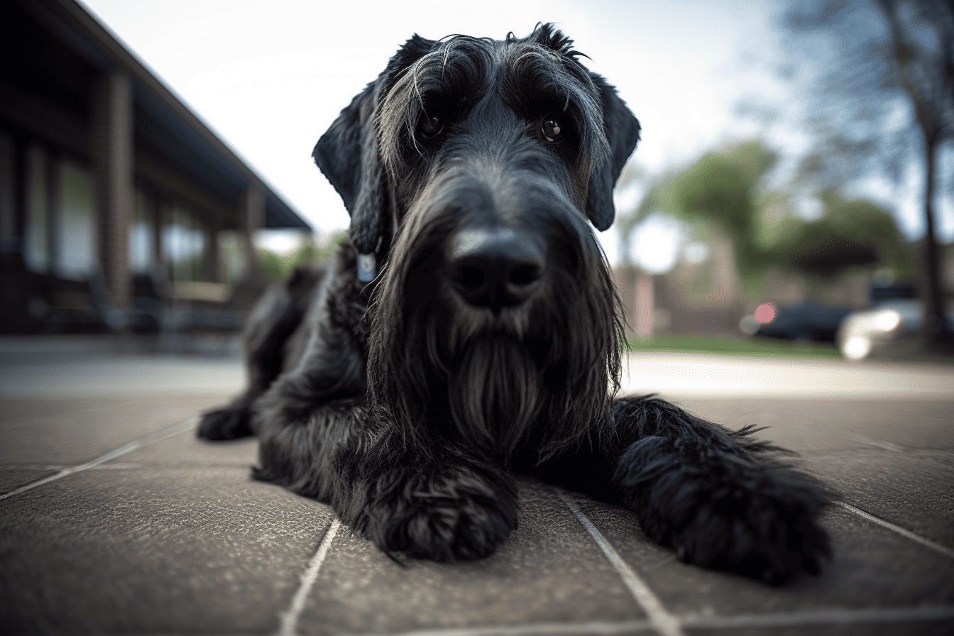 High-quality image of a black and gray dog lying on the tiled floor, looking directly at the camera.
