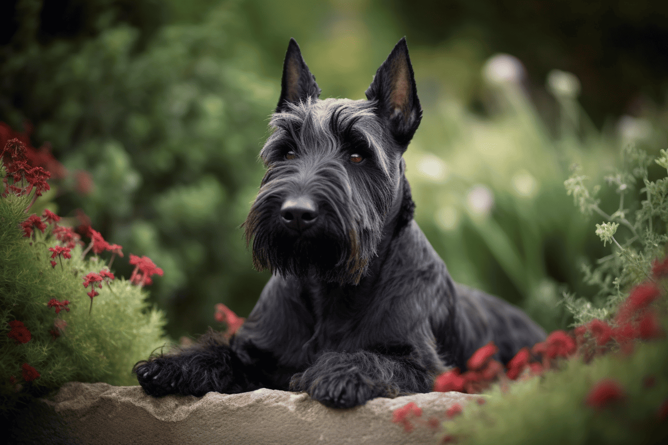 Cute dog lying on rock in lush garden, adorable pet with alert ears and expressive eyes.