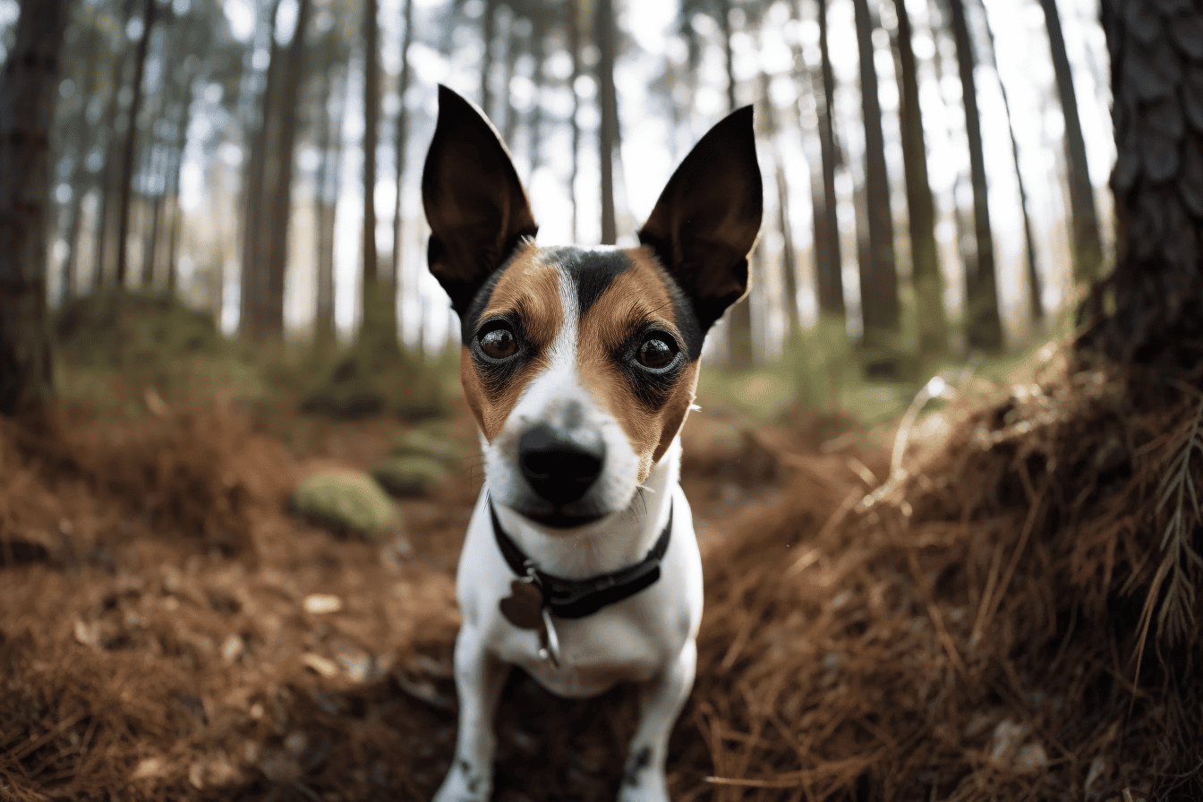 Adorable dog in forest, enjoying outdoor activities, perfect for promoting pet adventures and dog training services.