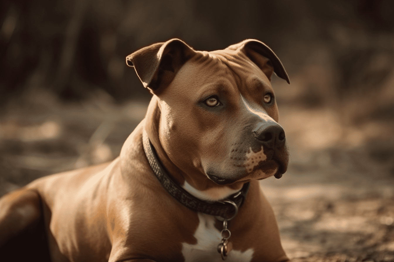 Dog with brown coat and striking eyes looks alert while resting on the ground in natural light.