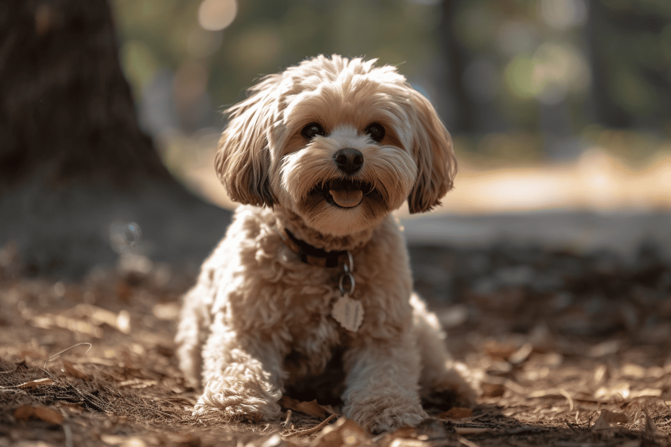 Adorable small dog sitting on autumn leaves, bark collar, happy expression, natural park background.