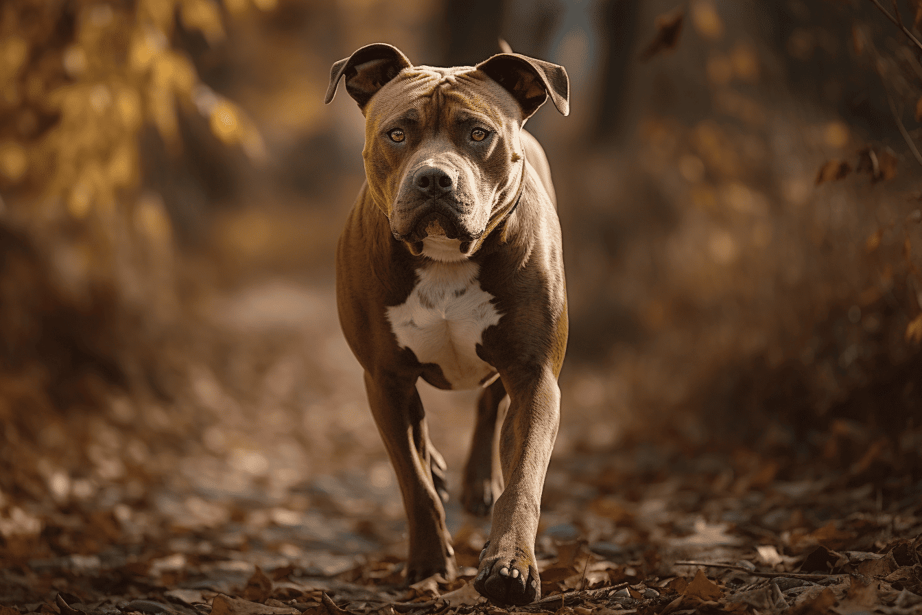 Bold, muscular dog walking through autumn-leafed trail.
