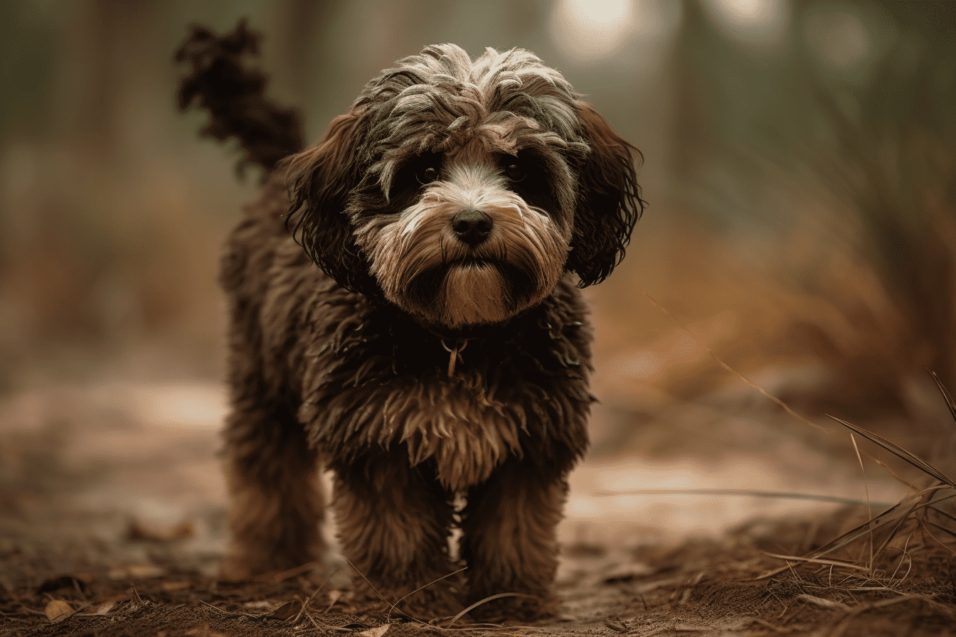 Cute curly-haired puppy standing on a natural outdoor trail in warm tones.