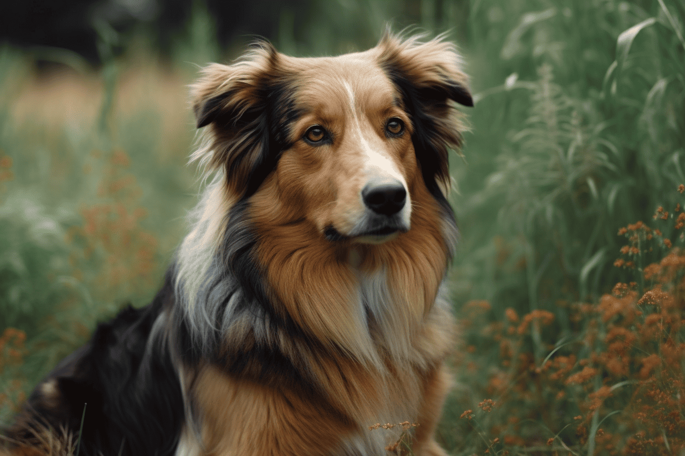 An Australian Shepherd enjoying a peaceful moment in a lush, green environment.