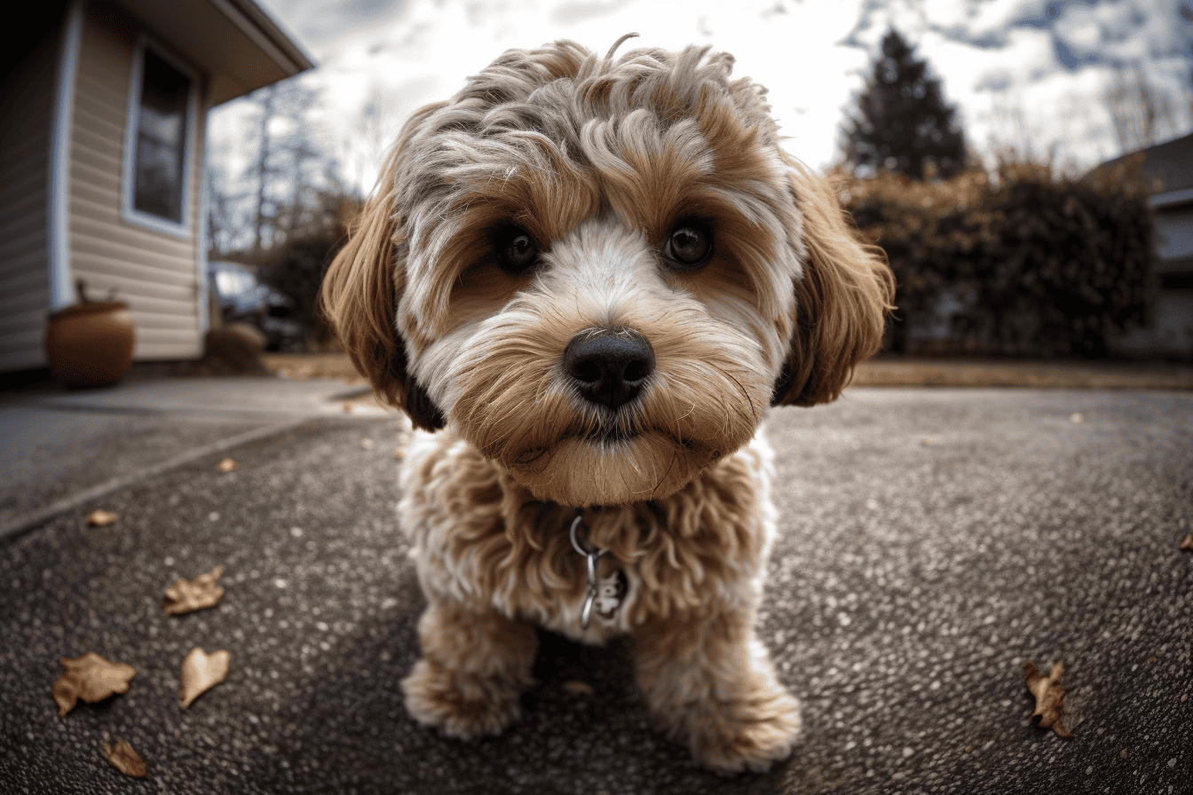 Cute puppy standing on asphalt with fallen leaves, close-up shot.