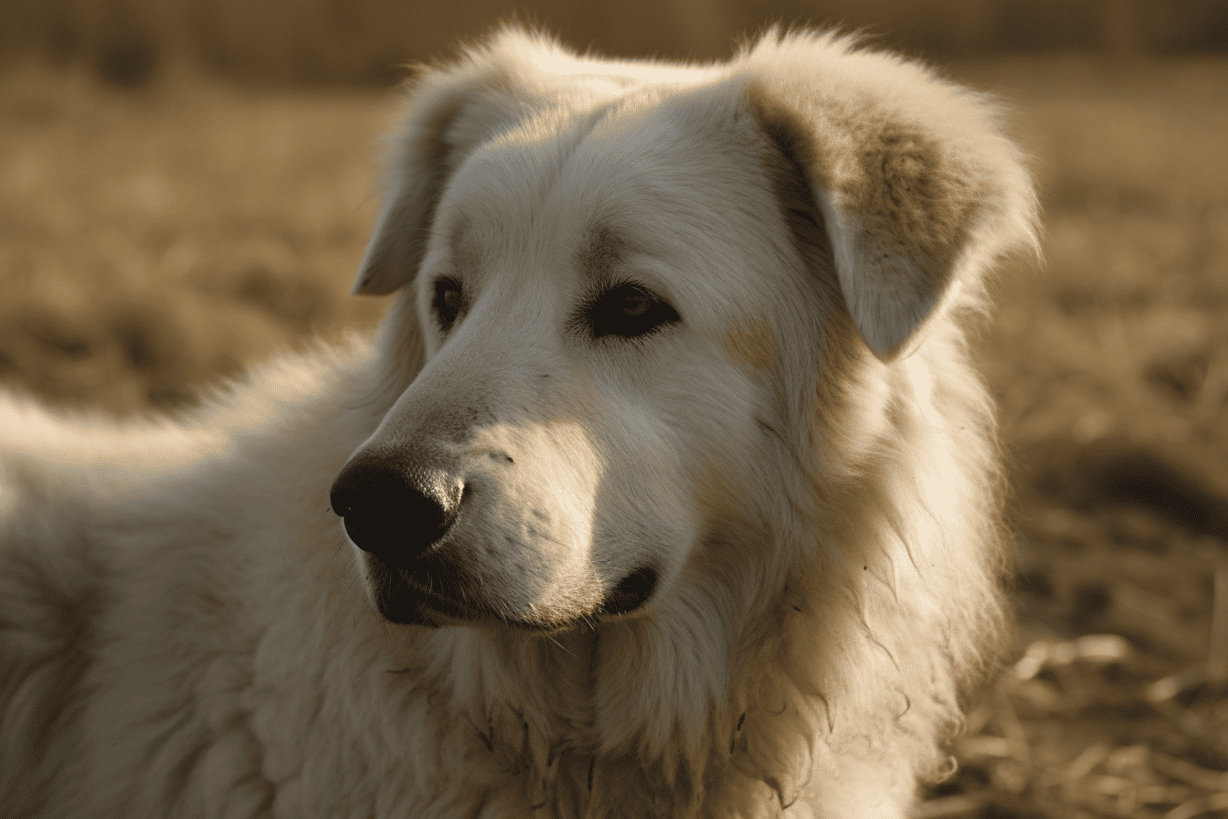 Dog with cream-colored, fluffy fur resting outside in the sun.
