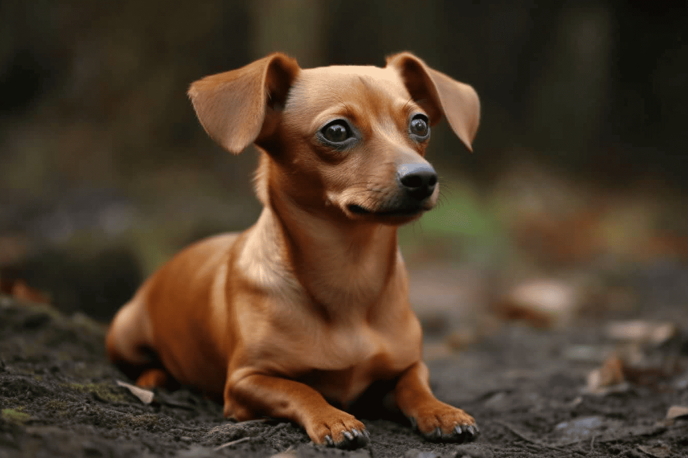 Adorable dachshund puppy outdoors, sitting on natural ground with focused eyes.