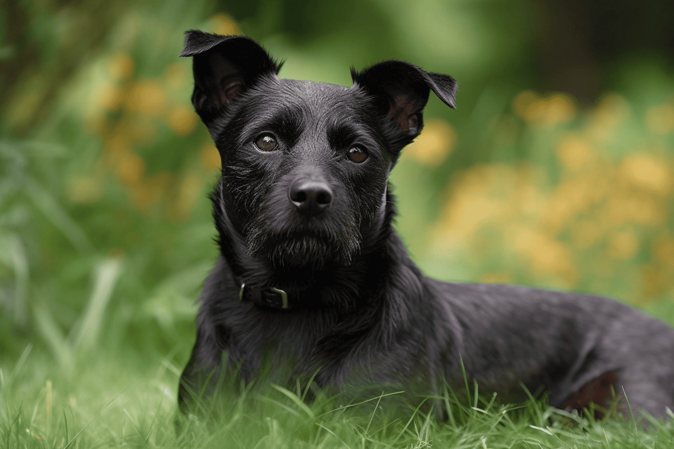 Adorable black dog relaxing outdoors in lush grass with blurred fall leaves background.