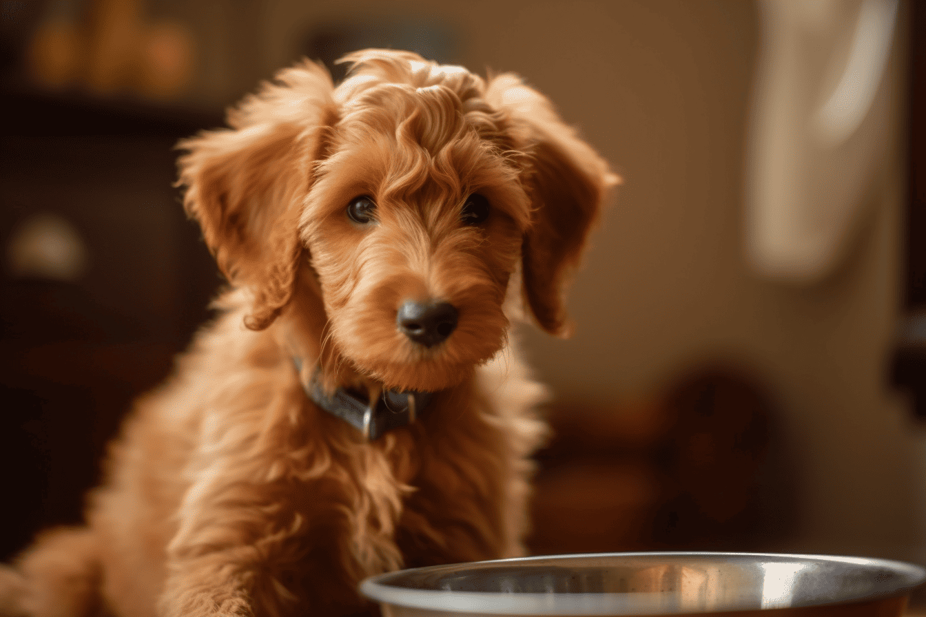 Adorable puppy with curly fur and expressive eyes, perfect for pet care services.