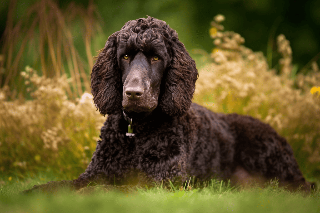 Beautiful dog lying on grass in a garden setting, showcasing a well-groomed appearance.