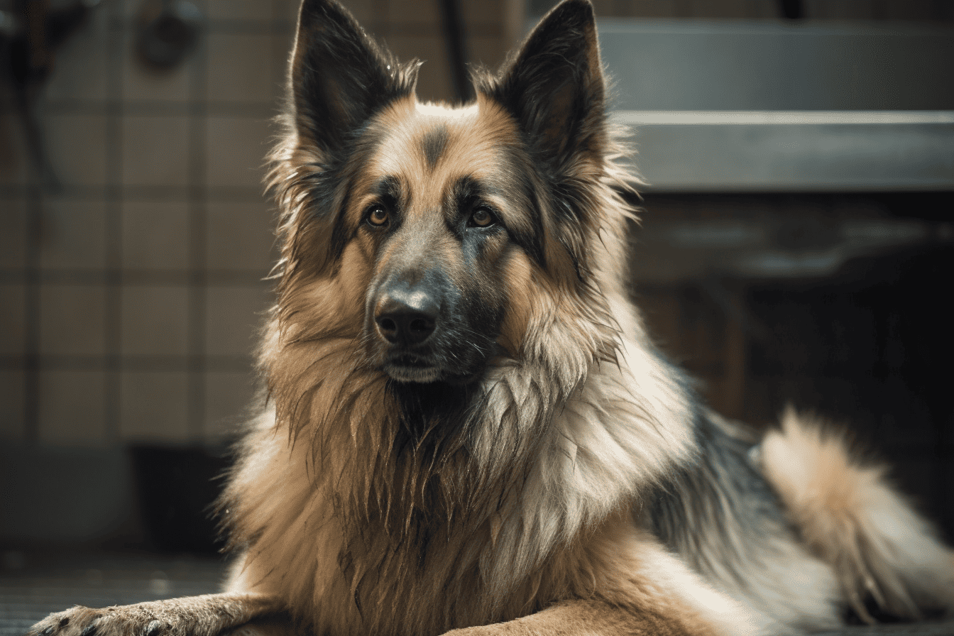A well-groomed German Shepherd dog lying on a grooming table, showcasing a clean and styled coat, ready for professional pet grooming.