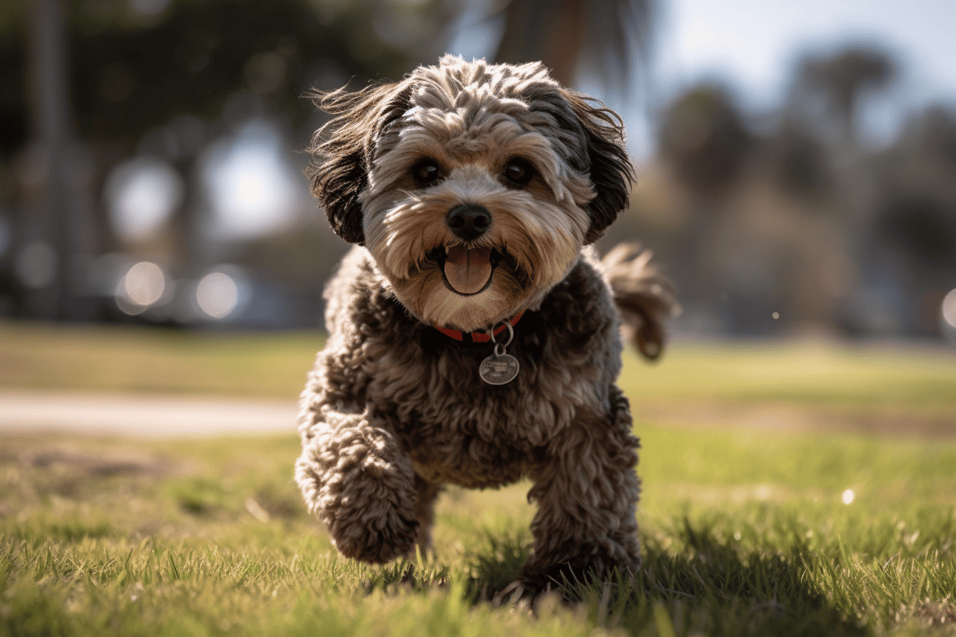 Adorable small dog joyfully running in the park, showcasing happiness and energy.