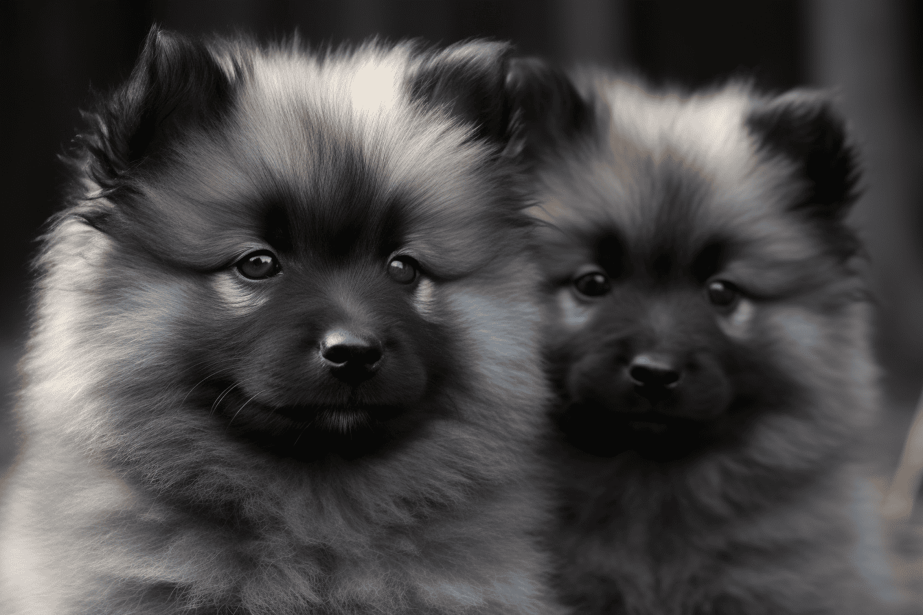 Adorable fluffy Pomeranian puppies with thick fur and expressive eyes, perfect for dog lovers and grooming services.