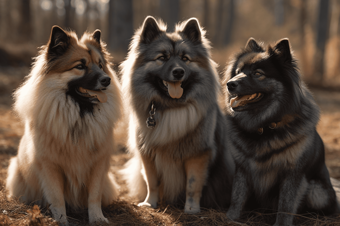 Adorable trio of fluffy dogs sitting together outdoors, enjoying a day in the forest.