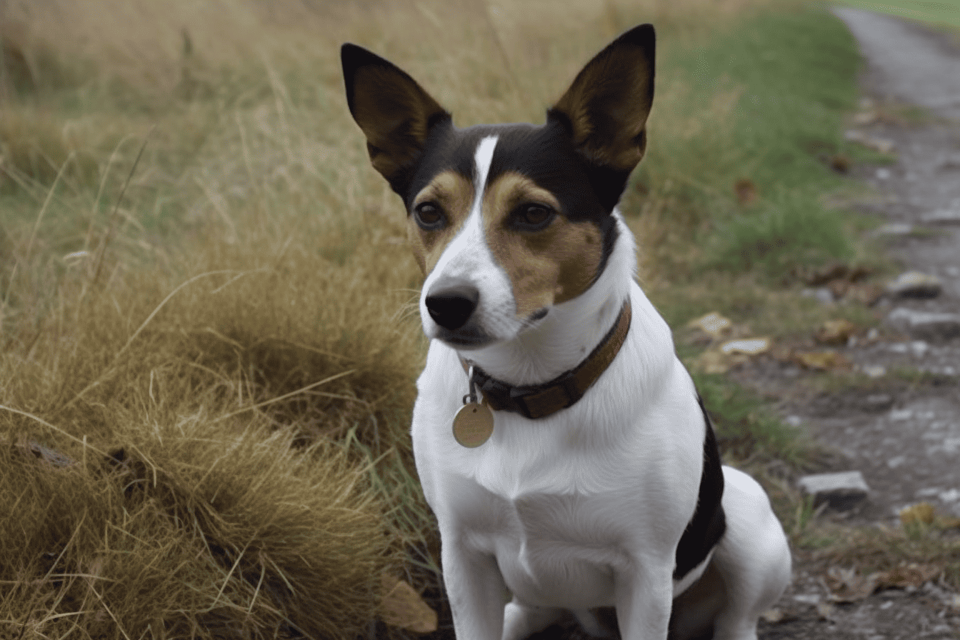 Dog sitting outdoors in nature with a brown collar.