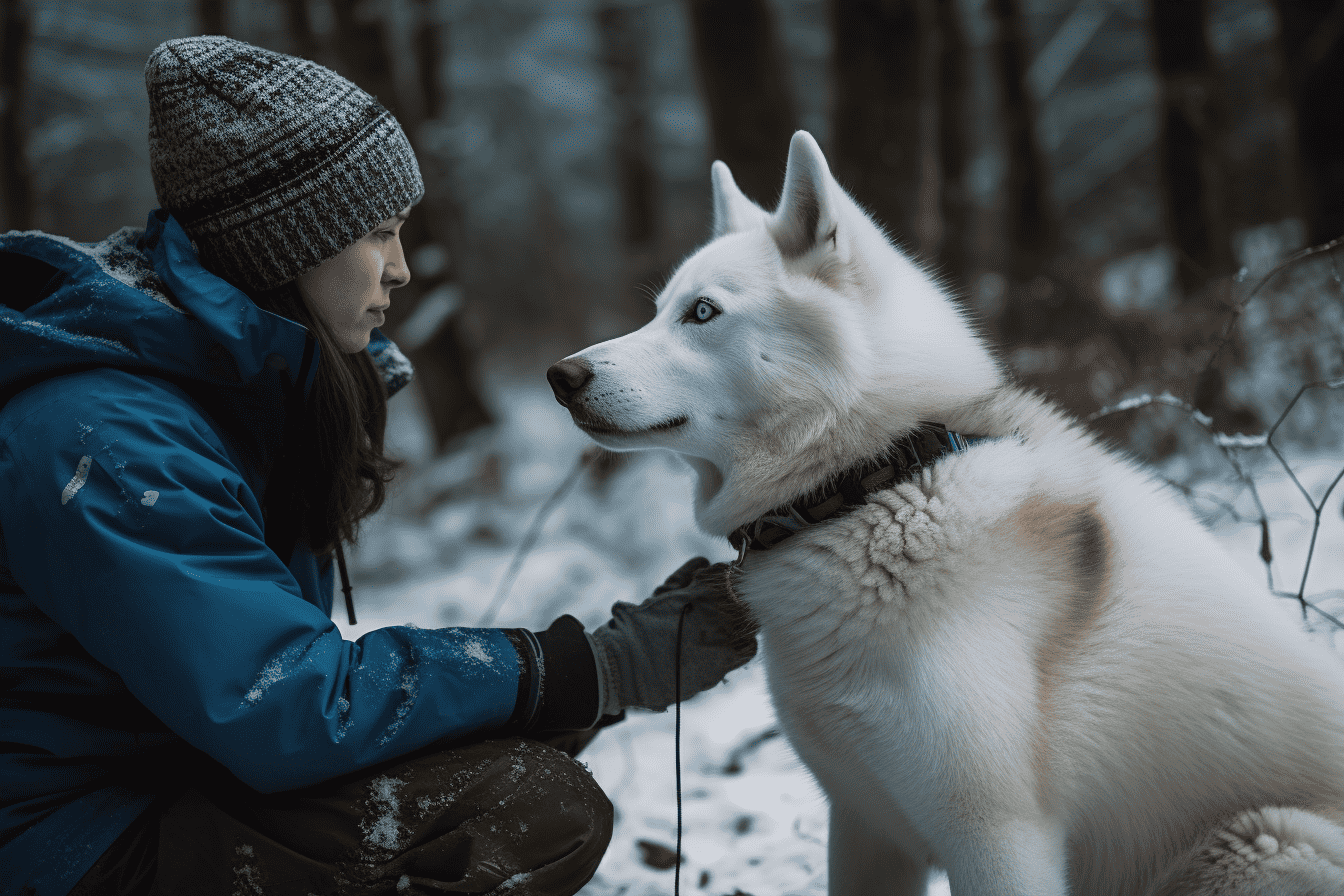 Husky dog and owner in winter forest.
