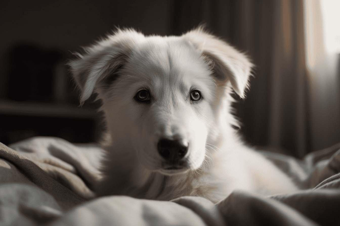 Dog rescue dog, adorable dog lying on bed, cute puppy, pet care, animal shelter, dog adoption, shelter dog photo.