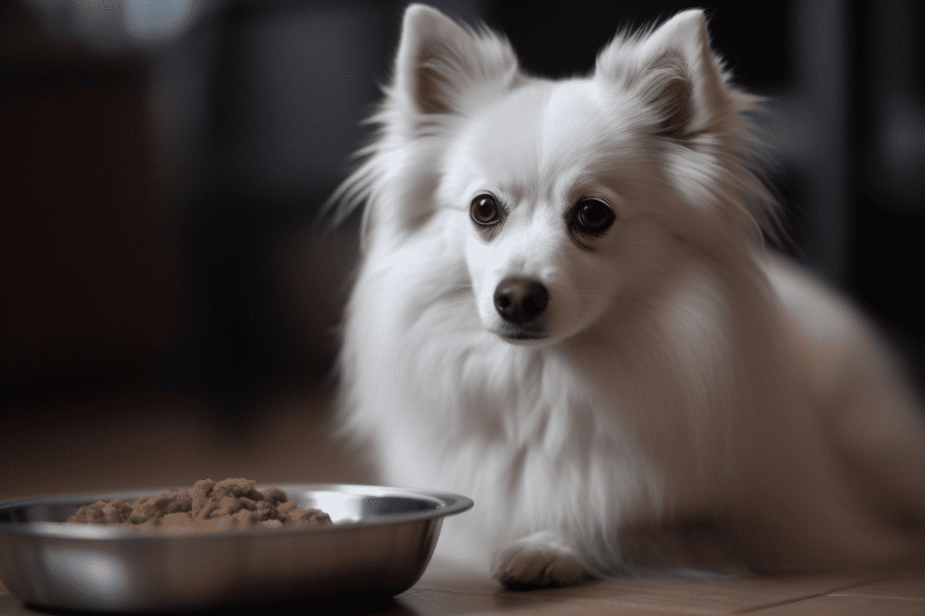 Cute white dog with a bowl of dog food.