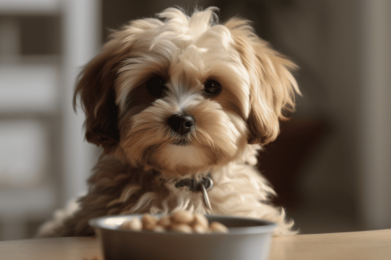 Adorable dog puppy eating food, perfect for pet care and dog feeding tips.