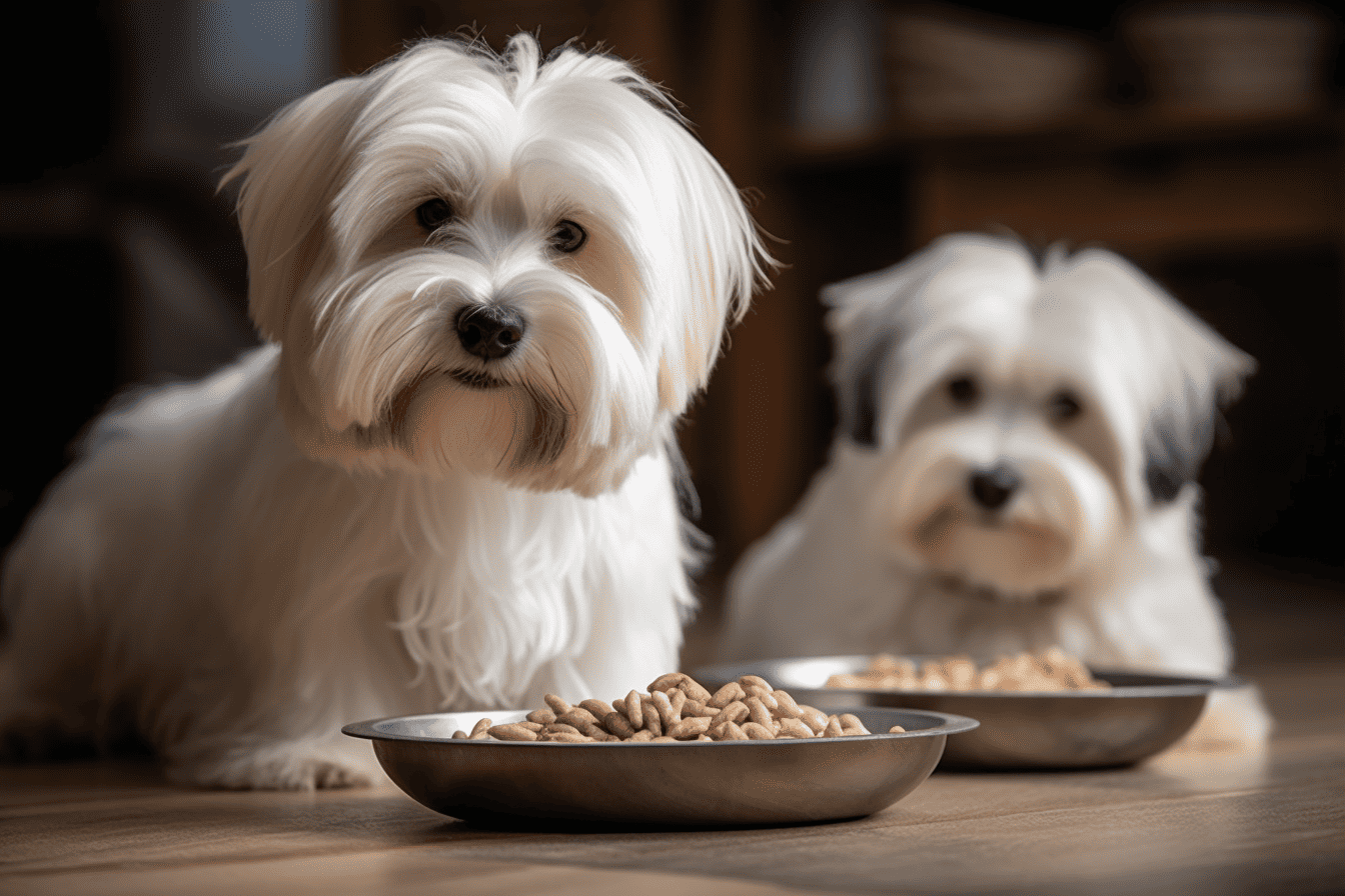 Cute small dogs with food bowls of dry dog food.