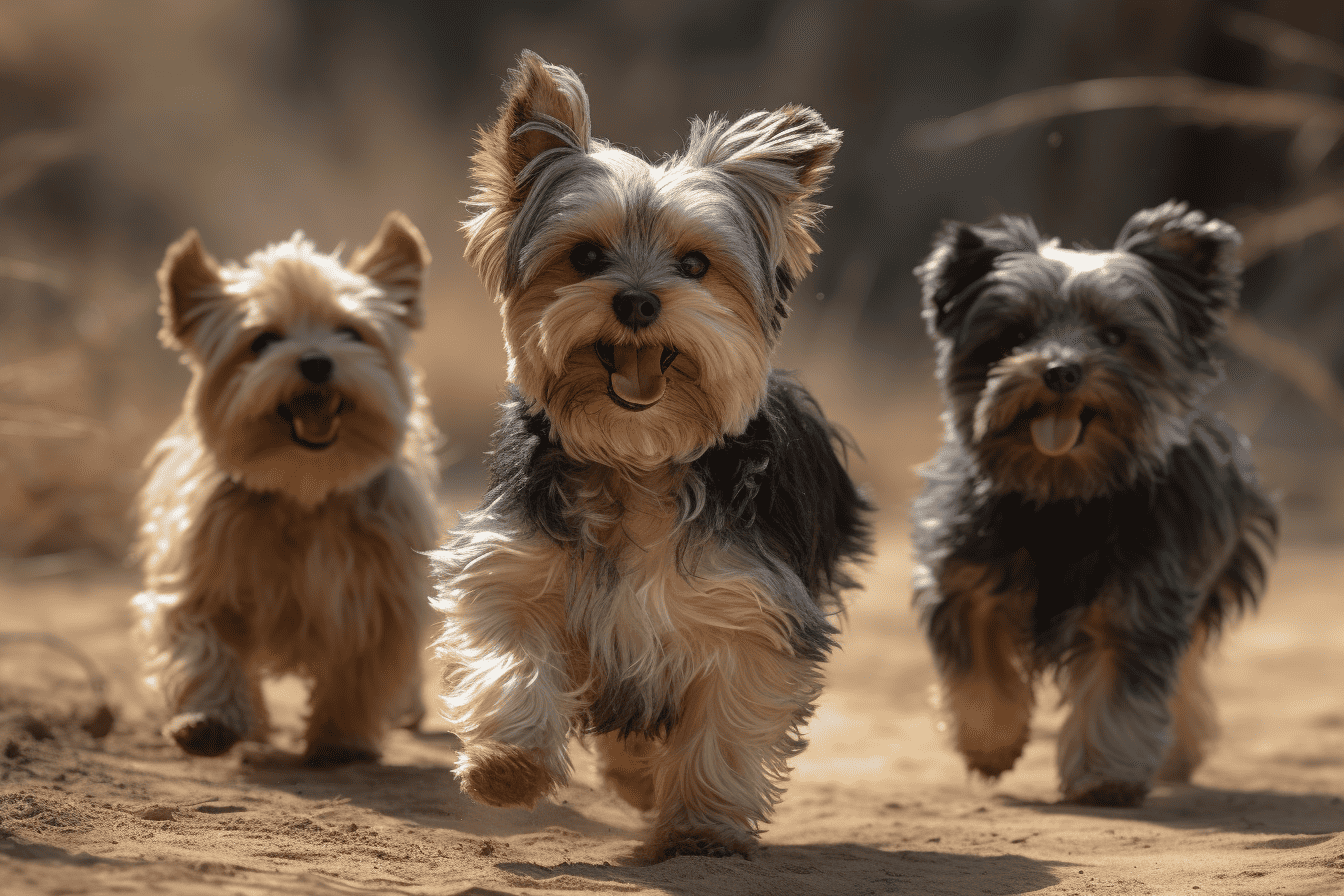 Cute small dogs running outdoors in a cheerful, energetic scene.