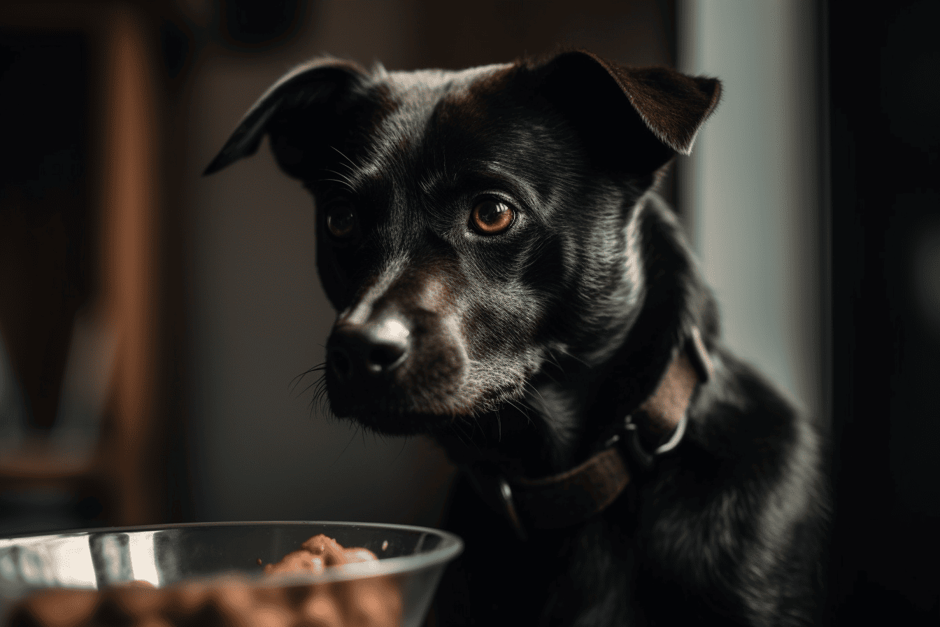 Adorable black and brown dog eagerly looking at food bowl inside the house, showcasing pet care and dog nutrition.