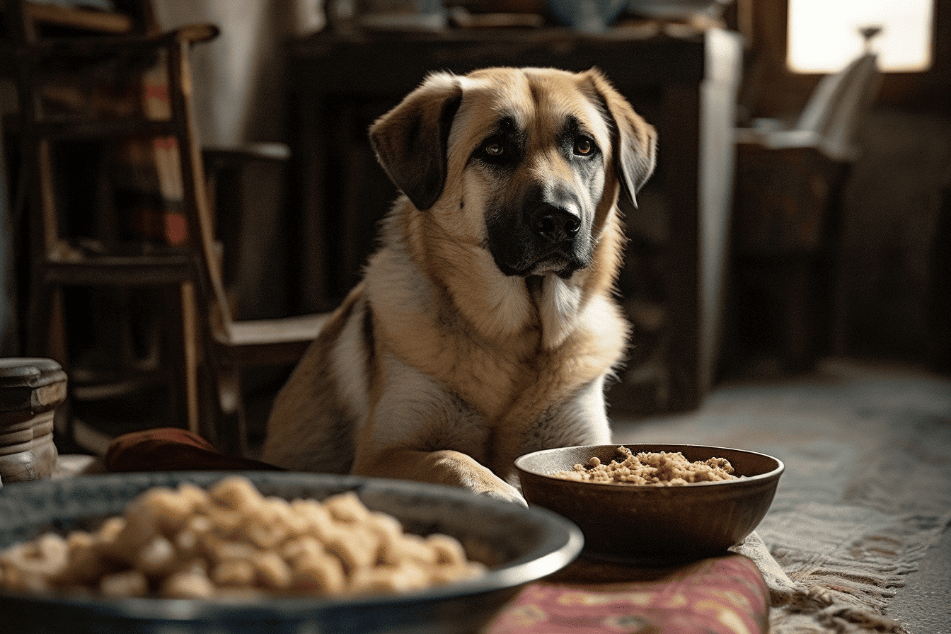 Dog eating bowl with food on a rustic interior, happy dog waiting for meal.