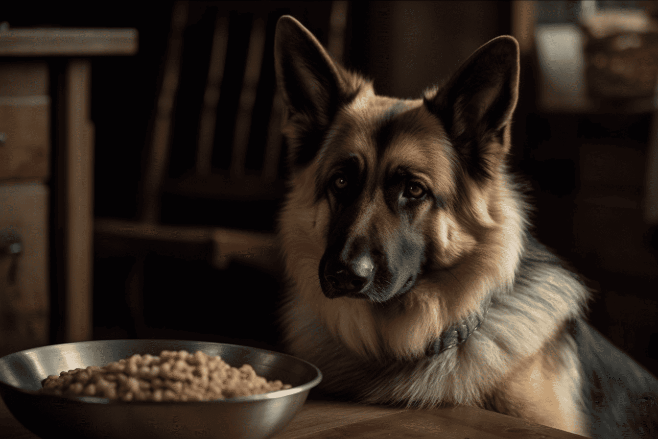 Adorable German Shepherd with food bowl, indoor home setting, beautiful and caring dog.