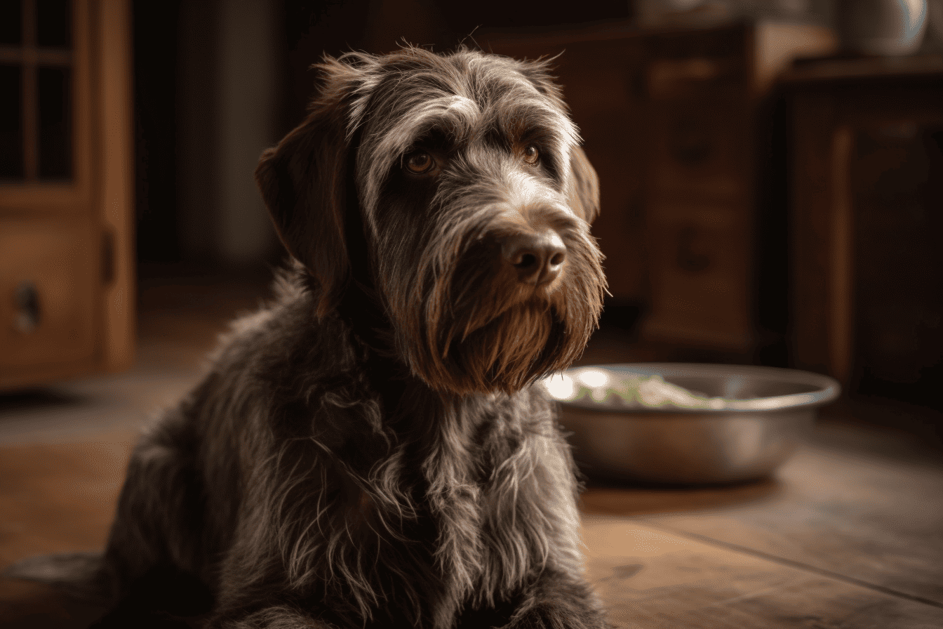 Labrador Retriever dog sitting indoors with food bowl.