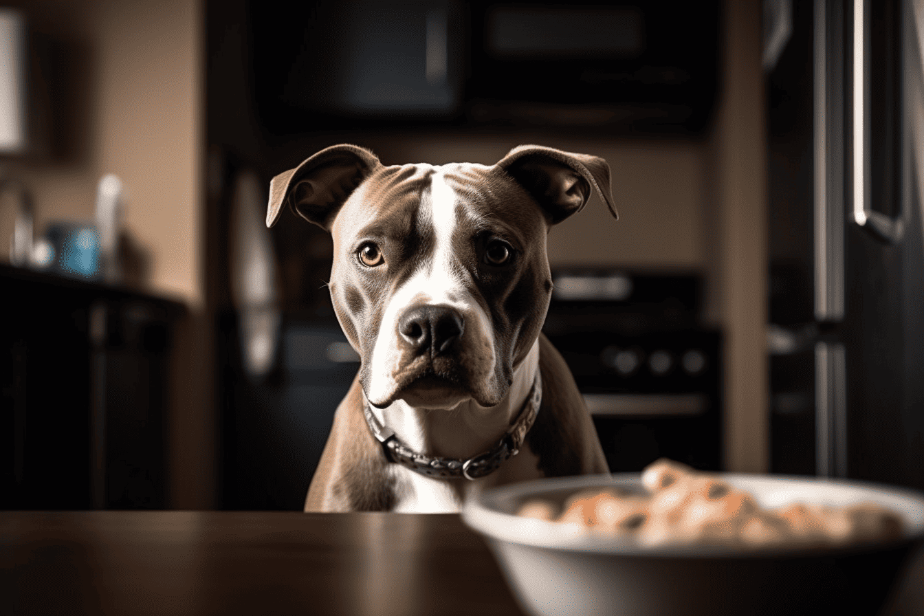 Adorable dog waiting for dog food or treat at home.
