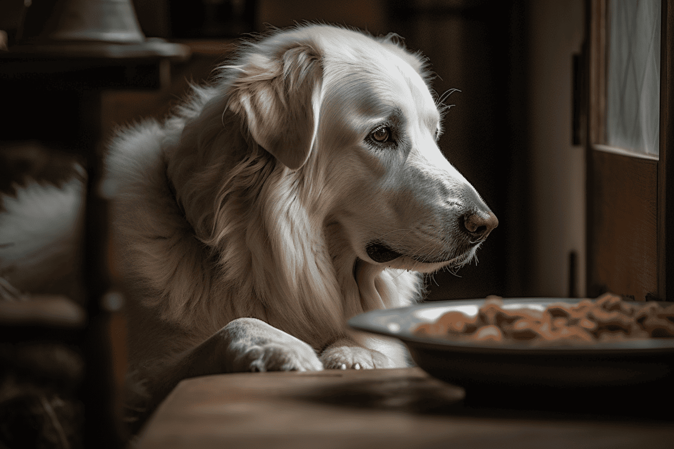 Golden retriever resting near food bowl, perfect for pet care and dog comfort.