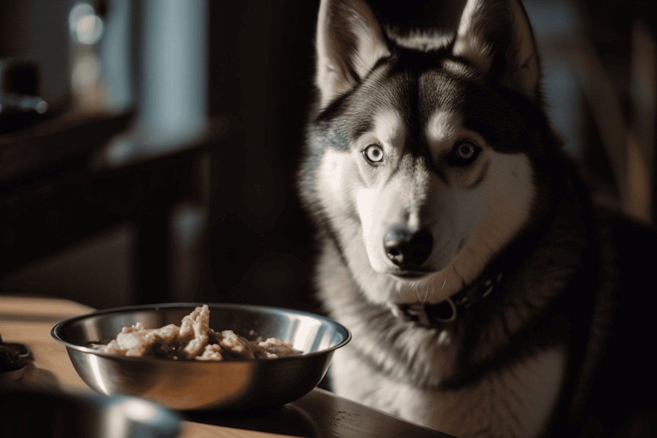 Husky dog with piercing blue eyes waiting for food at home.