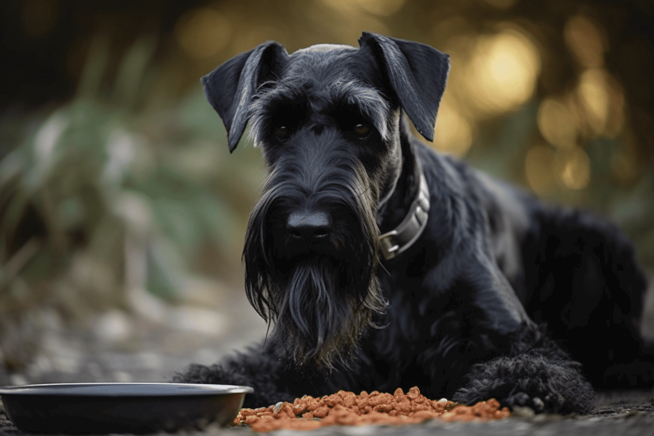 Cute Schnauzer dog lying on floor with food bowl and kibble.